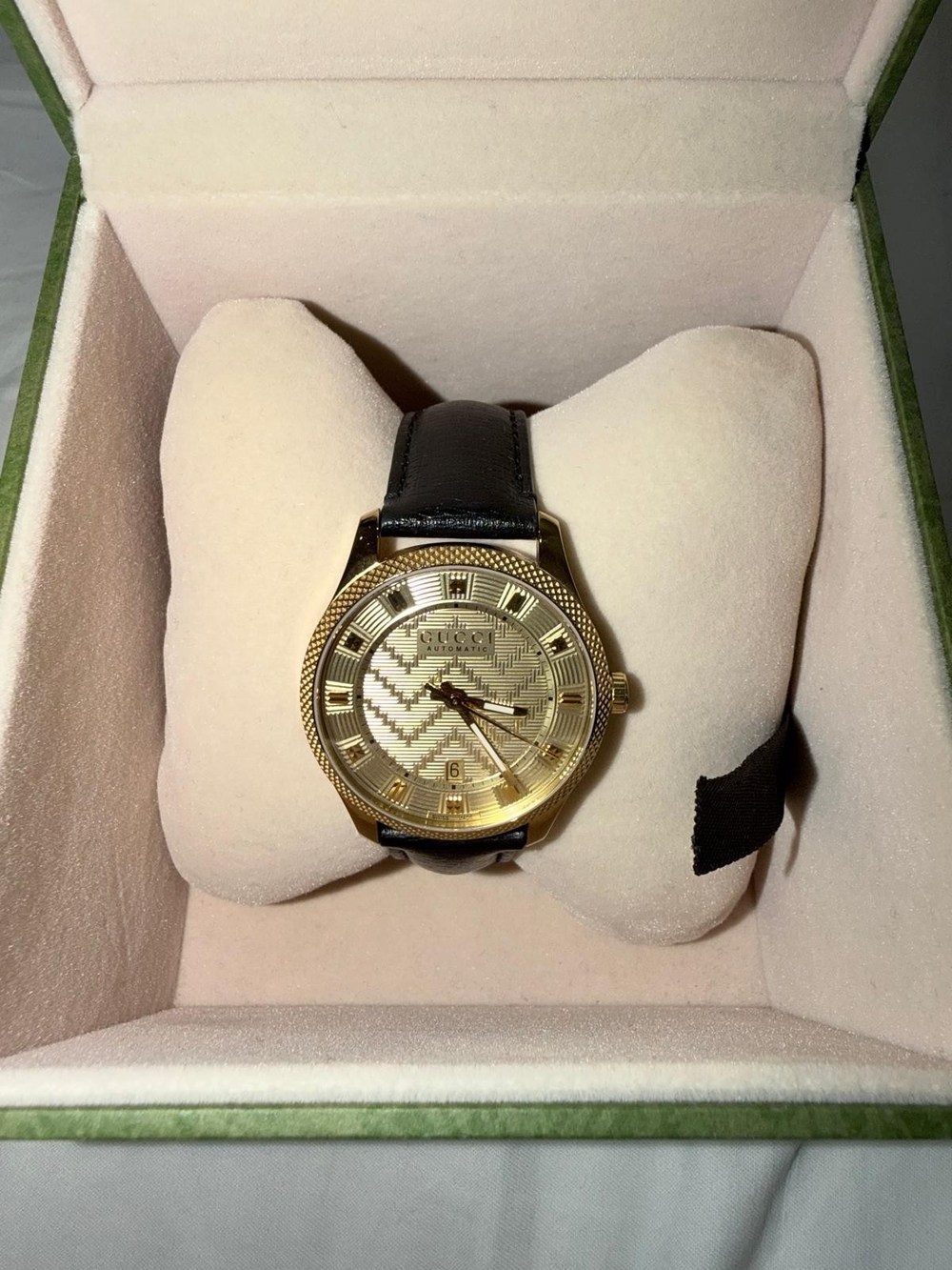 Gucci Men’s Gold Dial Watch with Black Leather Strap